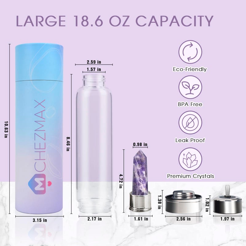 ChezMax Crystal Glass Water Bottle Energy Quartz Gemstone Water Bottle with Changeable Natural Crystal Center for Healing and Wellness - Image 2